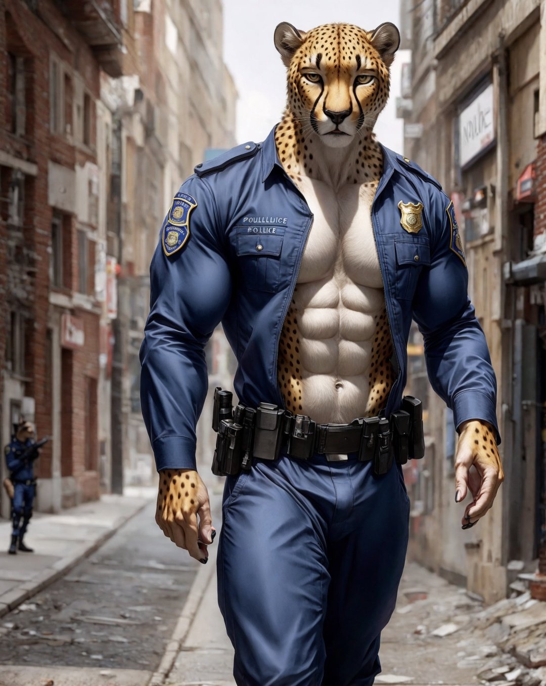 anthro, cheetah, male, adult, muscular, veiny muscles, police uniform, realistic fur, detailed background, street background, realistic, photorealistic, ultra realistic, 8k,