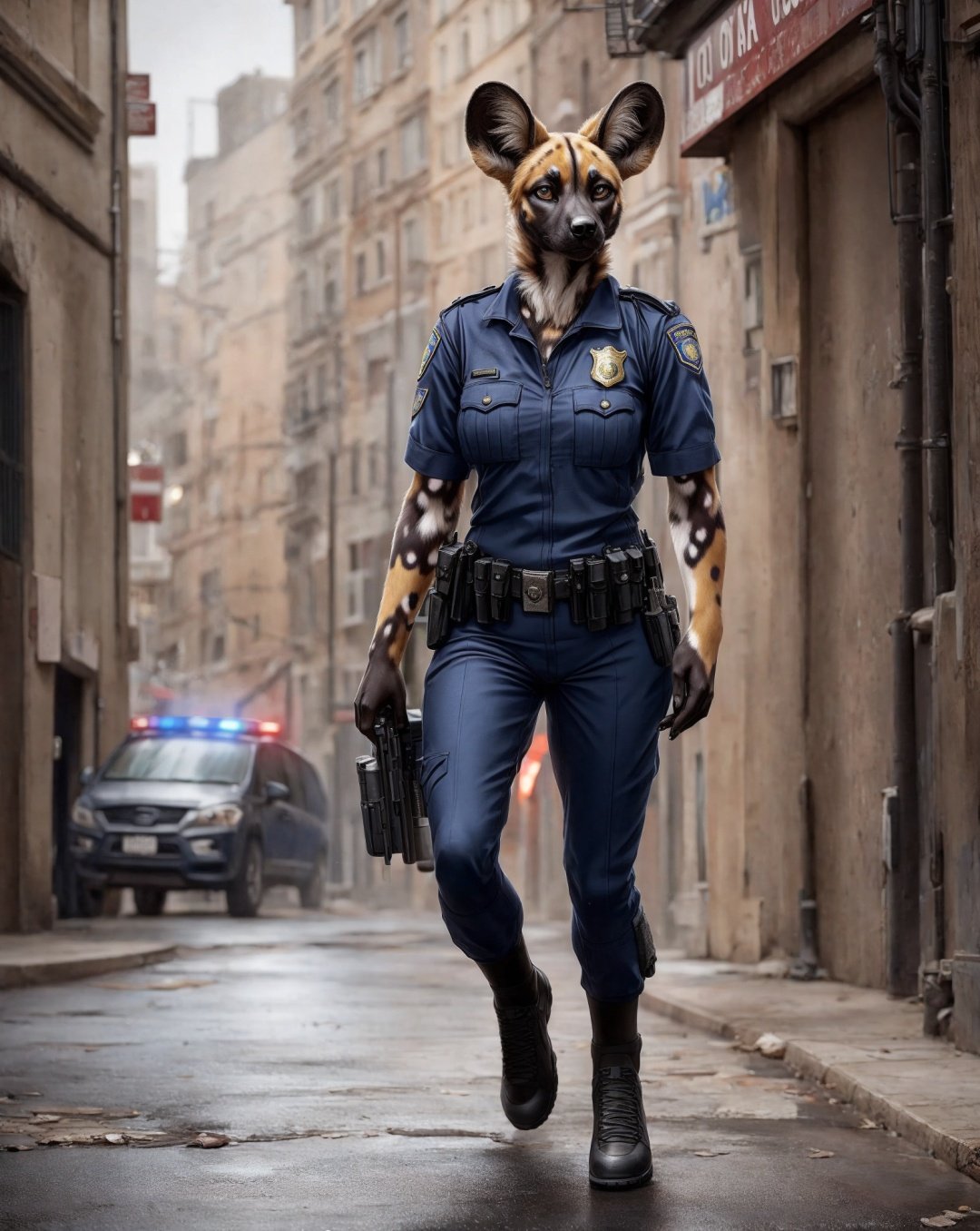 anthro, african wild dog, solo, female, adult, police uniform, realistic fur, detailed background, street background, realistic, photorealistic, ultra realistic, 8k,