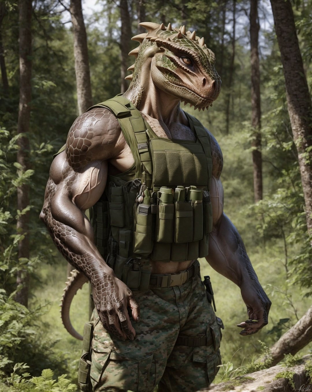 anthro, argonian, solo, male, adult, veiny muscles, muscular, bulletproof vest, military pants, realistic scales, detailed background, wilderness background, realistic, photorealistic, ultra realistic, 8k,