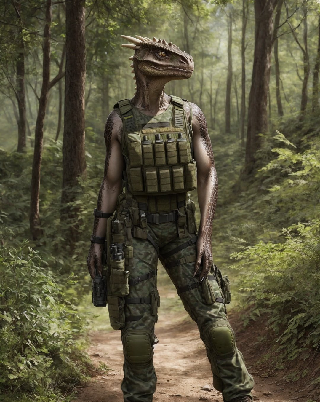 anthro, argonian, solo, female, adult, bulletproof vest, military pants, realistic scales, detailed background, wilderness background, realistic, photorealistic, ultra realistic, 8k,