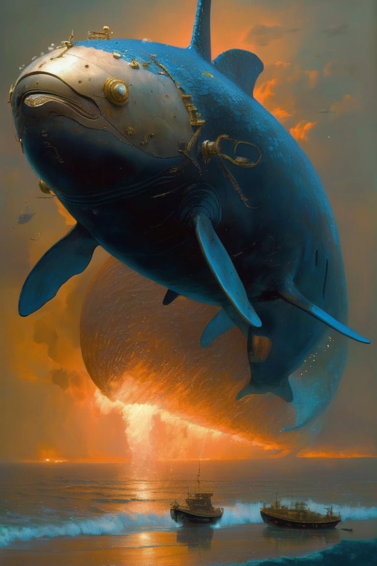 A mechanical whale swims in an oil-black ocean, surreal and dystopian, by zdzislaw beksinski, Thunderstorm, Renaissance,  Eyes,Gas masks,Snake, Cryptic, (Sepia:1.1), (Space:1.1),  (Pointillism:1.1), (Infrared:1.2), Cotton, Polygon, ultra detailed, intricate, oil on canvas, dry brush, (surrealism:1.1), (disturbing:1.1), horror, scary, chinese