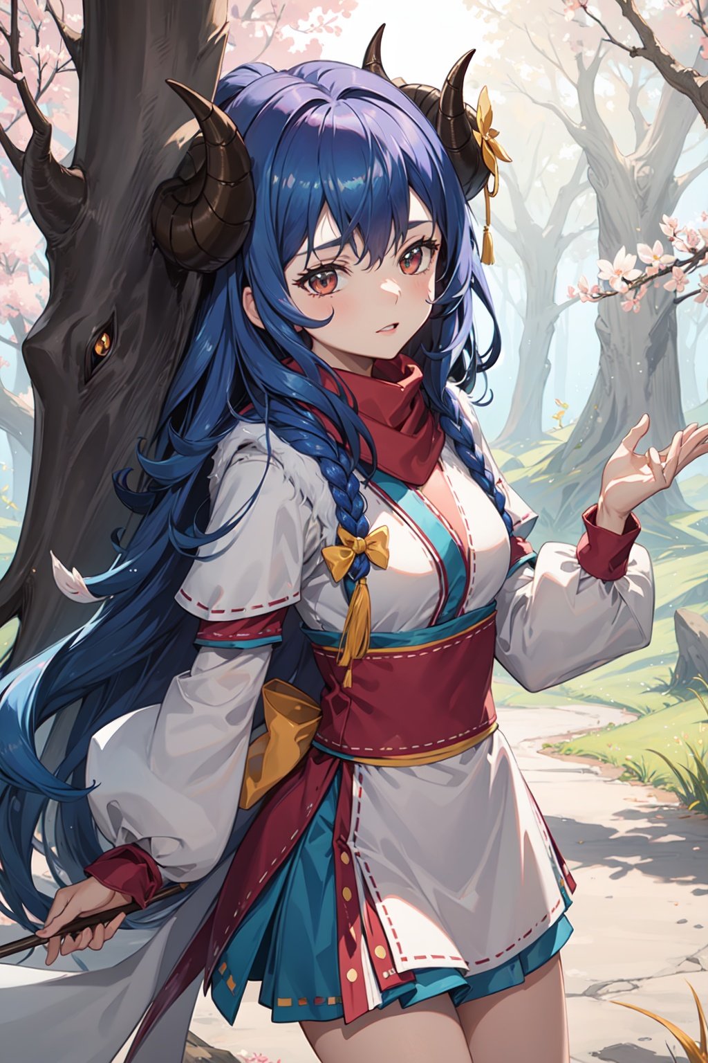 2d, masterpiece, best quality, anime, highly detailed, 1girl, cowboy shot, solo, BREAK spirit blossom kindred, blue hair, horns, cherry blossom, magic forest, trees in background