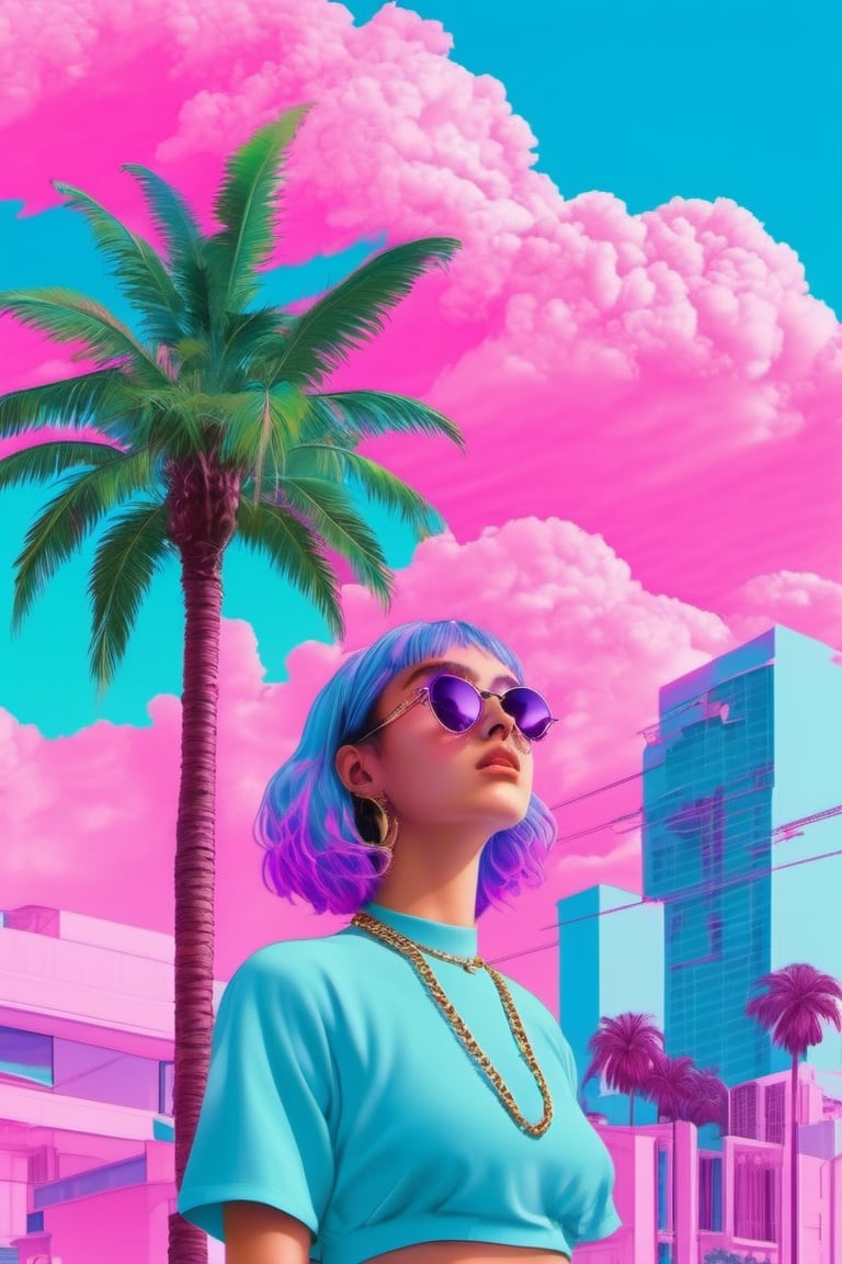 <lora:vaporwave_xl-off:1>vaporwave style, palm tree, tree, 1girl,solo, upper body, sunglasses, outdoors, sky, chain, cloud, building,  day , sharp details, HD