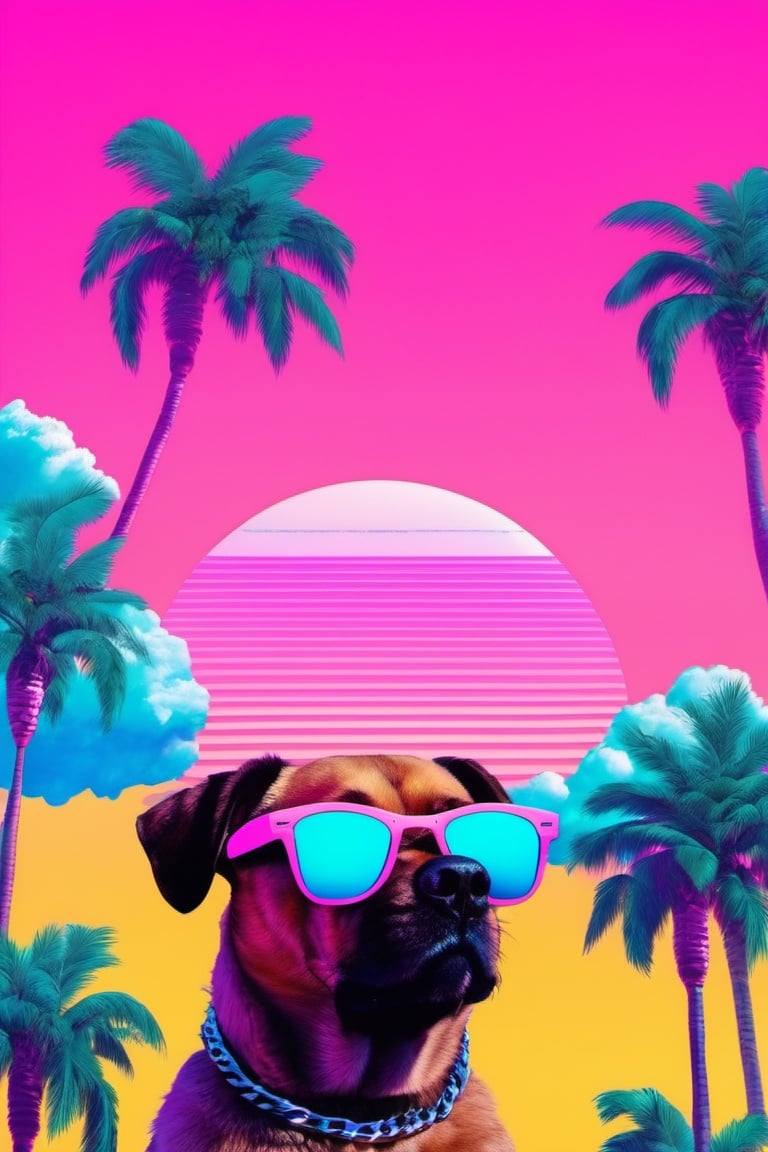 <lora:vaporwave_xl-off:1>vaporwave style, palm tree, tree, dog, sunglasses, outdoors, sky, chain, cloud, building, animal, day , sharp details, HD