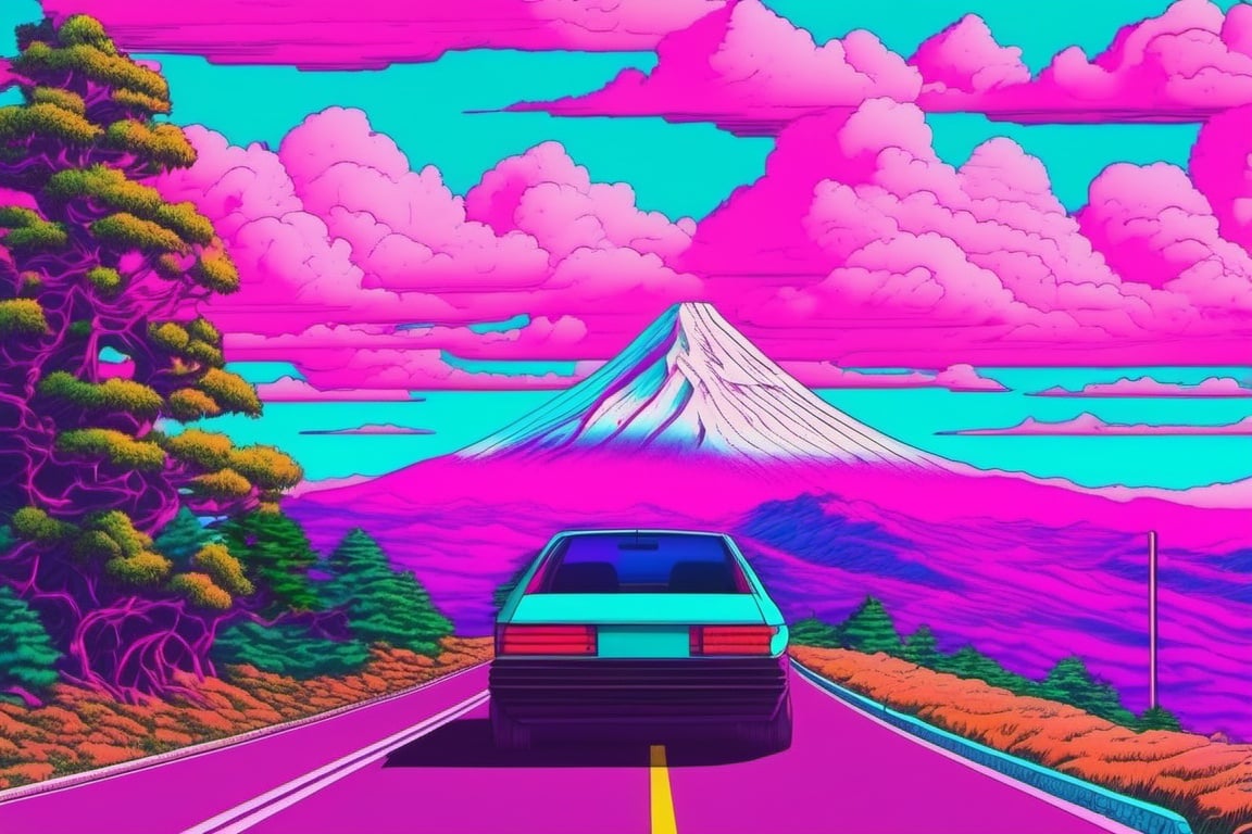 <lora:vaporwave_xl-off:1>vaporwave style, ground vehicle, outdoors, no humans, cloud, motor vehicle, driving car, mountain, sky, scenery, tree, road, vehicle focus, nature