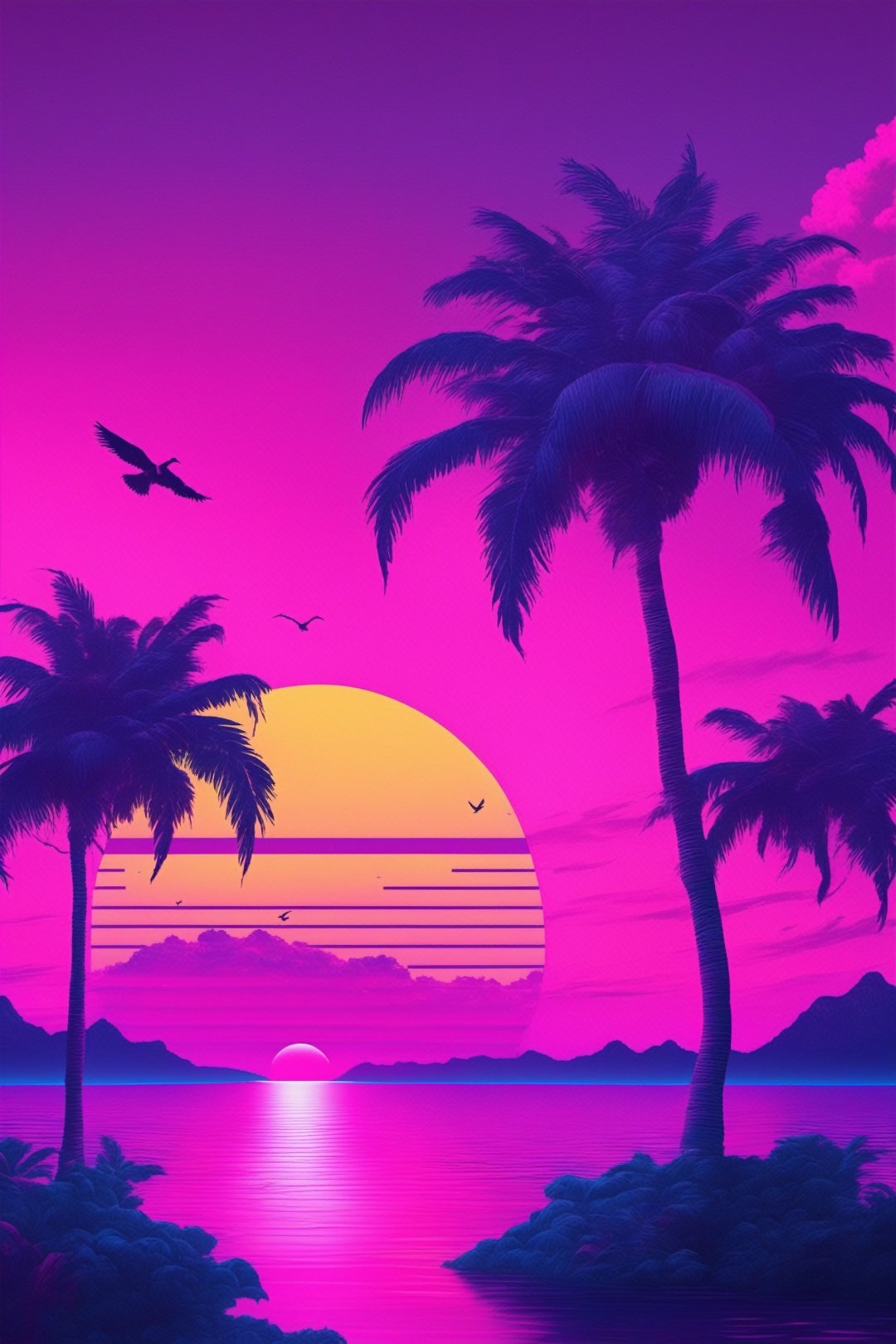 <lora:vaporwave_xl-off:1>vaporwave style, tree, no humans, palm tree, scenery, outdoors, purple sky, sunset, sky, bird, ocean, cloud, water, horizon