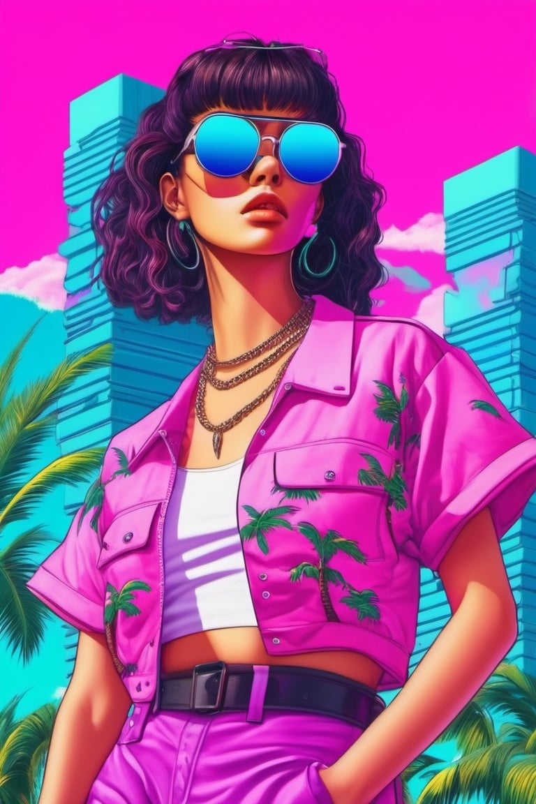 <lora:vaporwave_xl-off:1>vaporwave style, palm tree, tree, 1girl,solo, upper body, sunglasses, outdoors, sky, chain, cloud, building,  day , sharp details, HD
