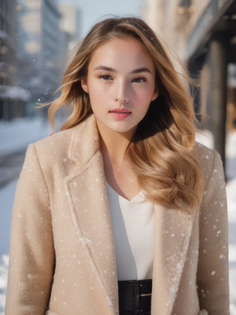 professional portrait photograph of a gorgeous  girl in winter clothing with long wavy blonde hair, ((sultry flirty look)), freckles, beautiful symmetrical face, cute natural makeup, wearing elegant winter fashion clothing, ((standing outside in snowy city street)), stunning modern urban upscale environment, ultra realistic, concept art, elegant, highly detailed, intricate, sharp focus, depth of field, f/1. 8, 85mm, medium shot, mid shot, (centered image composition), (professionally color graded), ((bright soft diffused light)), volumetric fog, trending on instagram, trending on tumblr, hdr 4k, 8k,  <lora:ch3ls3a_SDXL-000004:1:1.2>