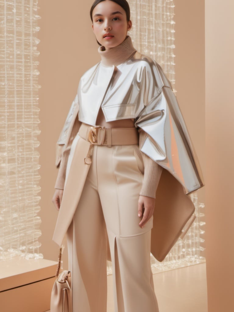 The woman in the photo is standing against a beige background, a Tumblr personality. Her outfit consists of a reflective puffer jacket and a poncho, both of which are in a stylish off-white color scheme. This ensemble could be a reference to an internet meme or trend, and it is currently trending on the design and architecture website Dezeen. The photo appears to be from a catalog, showcasing the latest in fashion trends for 2024. The accessories on display include a mac, a pair of 8. 0 LV sunglasses, and a folded piece by Mike and Wojtek Fus. Overall, this outfit embodies the cutting-edge fashion of the year and is sure to turn heads,  <lora:ch3ls3a_SDXL-000004:1:1.2>