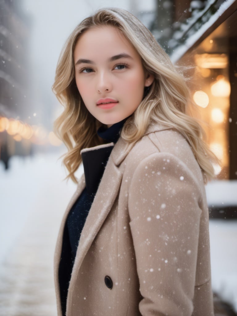 professional portrait photograph of a gorgeous  girl in winter clothing with long wavy blonde hair, ((sultry flirty look)), freckles, beautiful symmetrical face, cute natural makeup, wearing elegant winter fashion clothing, ((standing outside in snowy city street)), stunning modern urban upscale environment, ultra realistic, concept art, elegant, highly detailed, intricate, sharp focus, depth of field, f/1. 8, 85mm, medium shot, mid shot, (centered image composition), (professionally color graded), ((bright soft diffused light)), volumetric fog, trending on instagram, trending on tumblr, hdr 4k, 8k,  <lora:ch3ls3a_SDXL-000004:1:1.2>