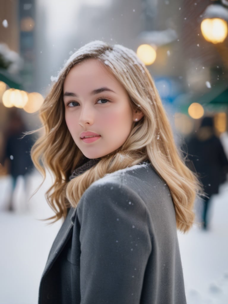 professional portrait photograph of a gorgeous  girl in winter clothing with long wavy blonde hair, ((sultry flirty look)), freckles, beautiful symmetrical face, cute natural makeup, wearing elegant winter fashion clothing, ((standing outside in snowy city street)), stunning modern urban upscale environment, ultra realistic, concept art, elegant, highly detailed, intricate, sharp focus, depth of field, f/1. 8, 85mm, medium shot, mid shot, (centered image composition), (professionally color graded), ((bright soft diffused light)), volumetric fog, trending on instagram, trending on tumblr, hdr 4k, 8k,  <lora:ch3ls3a_SDXL-000004:1:1.2>