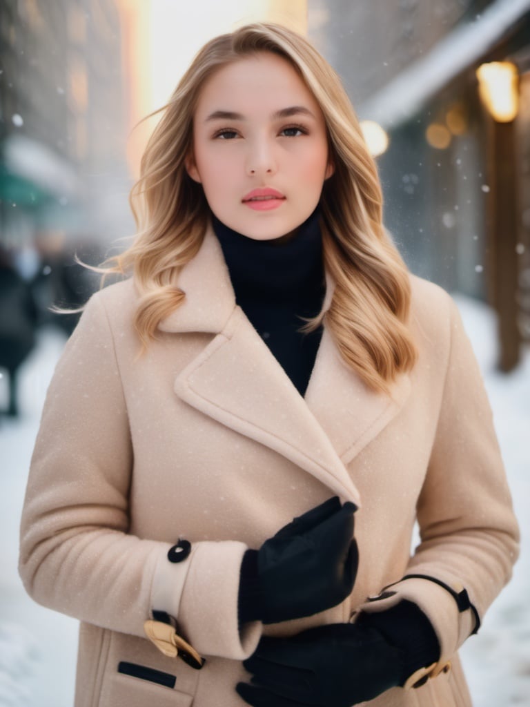 professional portrait photograph of a gorgeous  girl in winter clothing with long wavy blonde hair, ((sultry flirty look)), freckles, beautiful symmetrical face, cute natural makeup, wearing elegant winter fashion clothing, ((standing outside in snowy city street)), stunning modern urban upscale environment, ultra realistic, concept art, elegant, highly detailed, intricate, sharp focus, depth of field, f/1. 8, 85mm, medium shot, mid shot, (centered image composition), (professionally color graded), ((bright soft diffused light)), volumetric fog, trending on instagram, trending on tumblr, hdr 4k, 8k,  <lora:ch3ls3a_SDXL-000004:1:1.2>