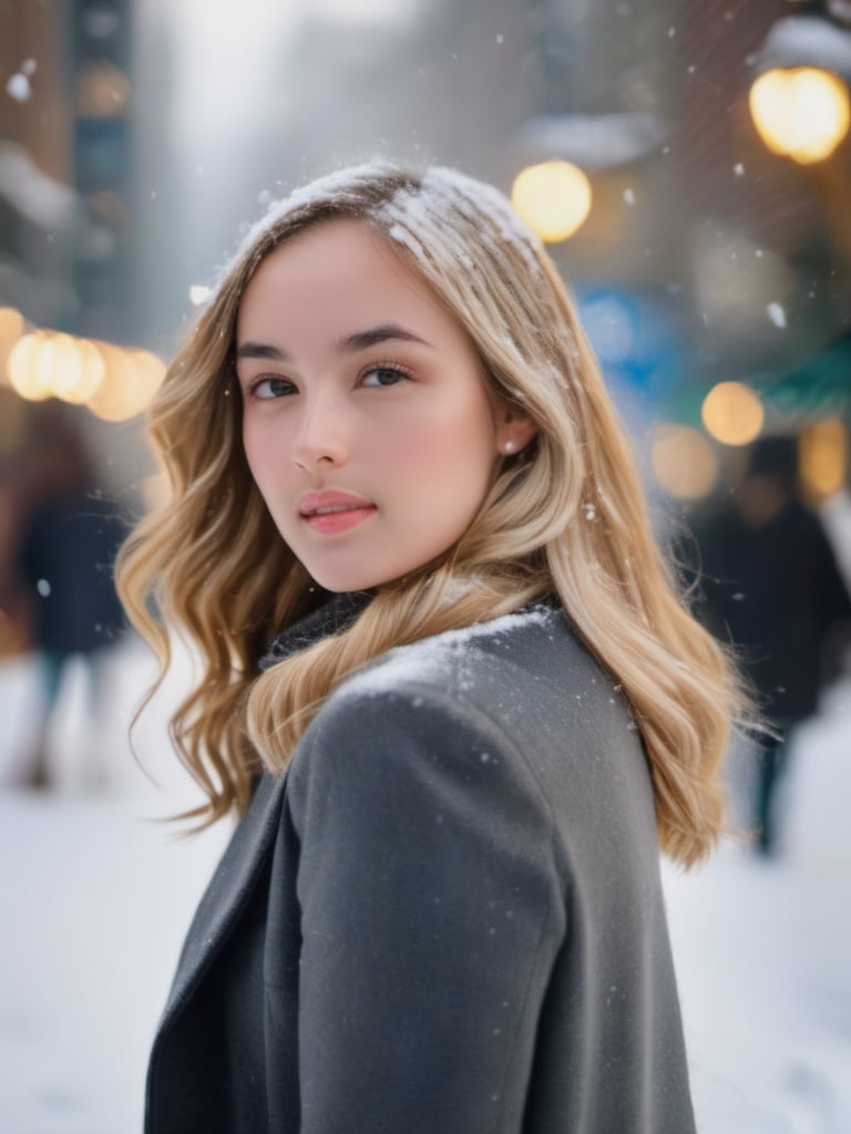 professional portrait photograph of a gorgeous  girl in winter clothing with long wavy blonde hair, ((sultry flirty look)), freckles, beautiful symmetrical face, cute natural makeup, wearing elegant winter fashion clothing, ((standing outside in snowy city street)), stunning modern urban upscale environment, ultra realistic, concept art, elegant, highly detailed, intricate, sharp focus, depth of field, f/1. 8, 85mm, medium shot, mid shot, (centered image composition), (professionally color graded), ((bright soft diffused light)), volumetric fog, trending on instagram, trending on tumblr, hdr 4k, 8k,  <lora:ch3ls3a_SDXL-000004:1:1.2>