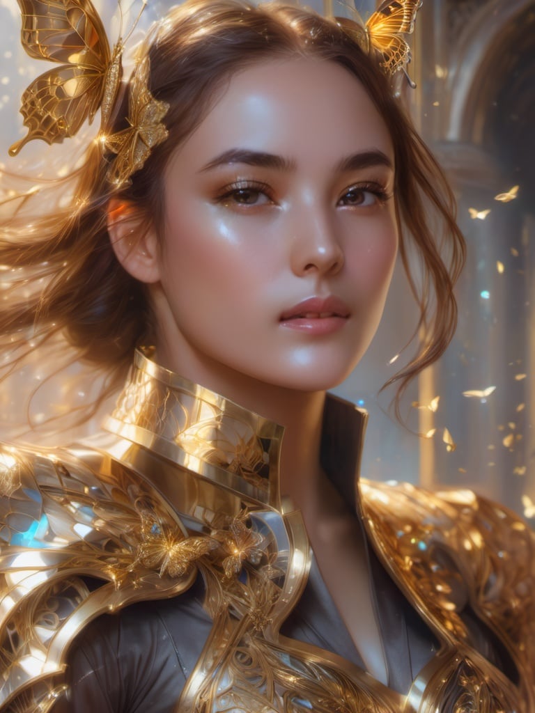 8k portrait of beautiful cyborg with brown hair, intricate, elegant, highly detailed, majestic, digital photography, art by artgerm and ruan jia and greg rutkowski surreal painting gold butterfly filigree, broken glass, (masterpiece, sidelighting, finely detailed beautiful eyes: 1.2), hdr,<lora:ch3ls3a_SDXL-000004:1:1>