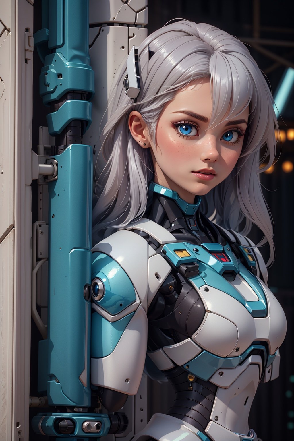 3dmm,1 girl, solo, gradient hair, blue eyes, robot, mecha girl,,, middle shot, masterpiece, professional, high quality, beautiful, amazing, medieval, unsplash, silver trim, very long hair, masterpiece, highres, 4k, detailed background,Pixar