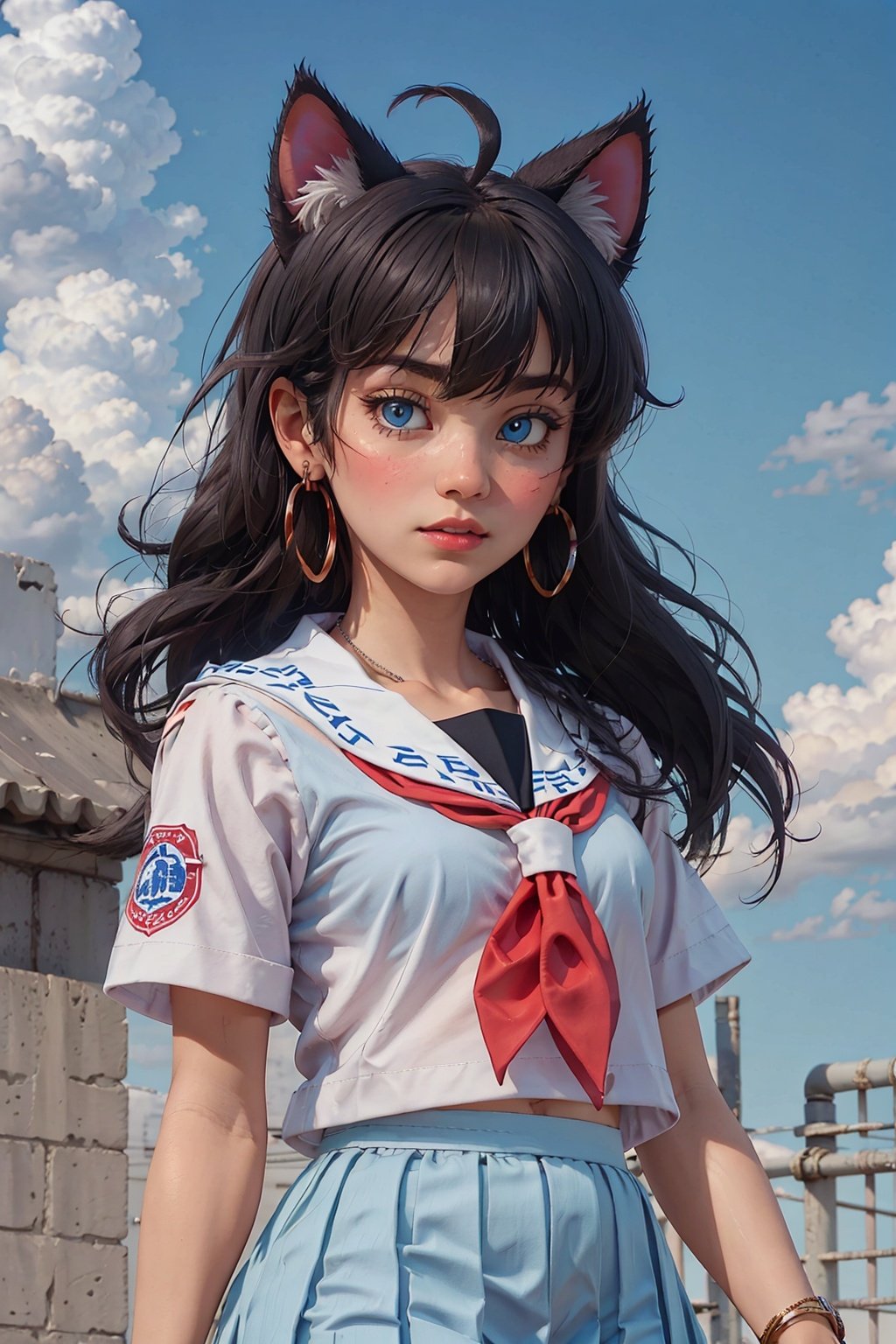 web_address,solo,jewelry,cloud,day,serafuku,patreon_username,sky,animal_ears,blue_eyes,long_hair,earrings,cloudy_sky,ahoge,school_uniform,outdoors,1girl,cat_ears,neckerchief,skirt,blue_sky,artist_name,watermark