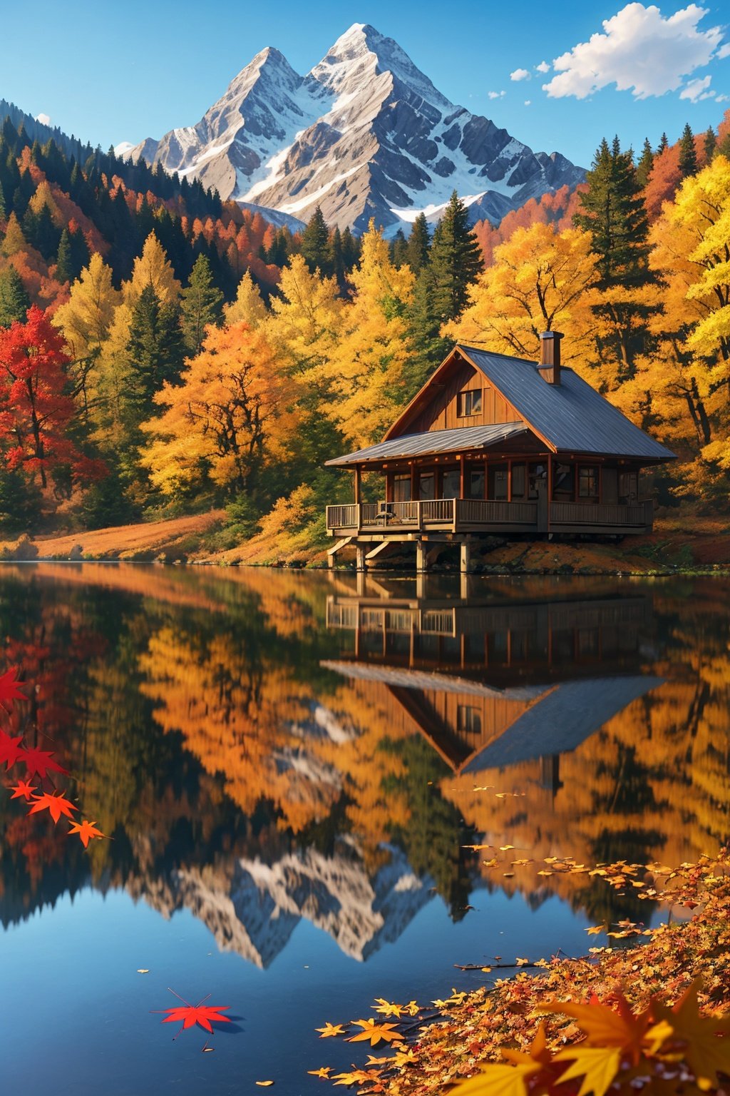 morning dew in autumn, maple leaves, serene lake surface, mountains, open-air cafe, cabin, campfire, fishing, mountain trails, autumn wedding