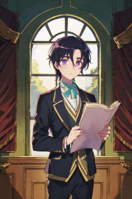 masterpiece, best quality, high quality, 1boy, solo, male focus, looking at viewer, , , <lora:nicol_ascart:0.78>, nicol_ascart, purple eyes, black hair, school uniform