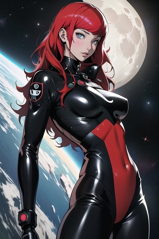 girl, masterpiece, art and concept art, hyper detailed, high resolution, Persona 5,Space Girl 1970s with bright space latex suit ultra realistic,Rebel Moon extremely detailed,asian girl