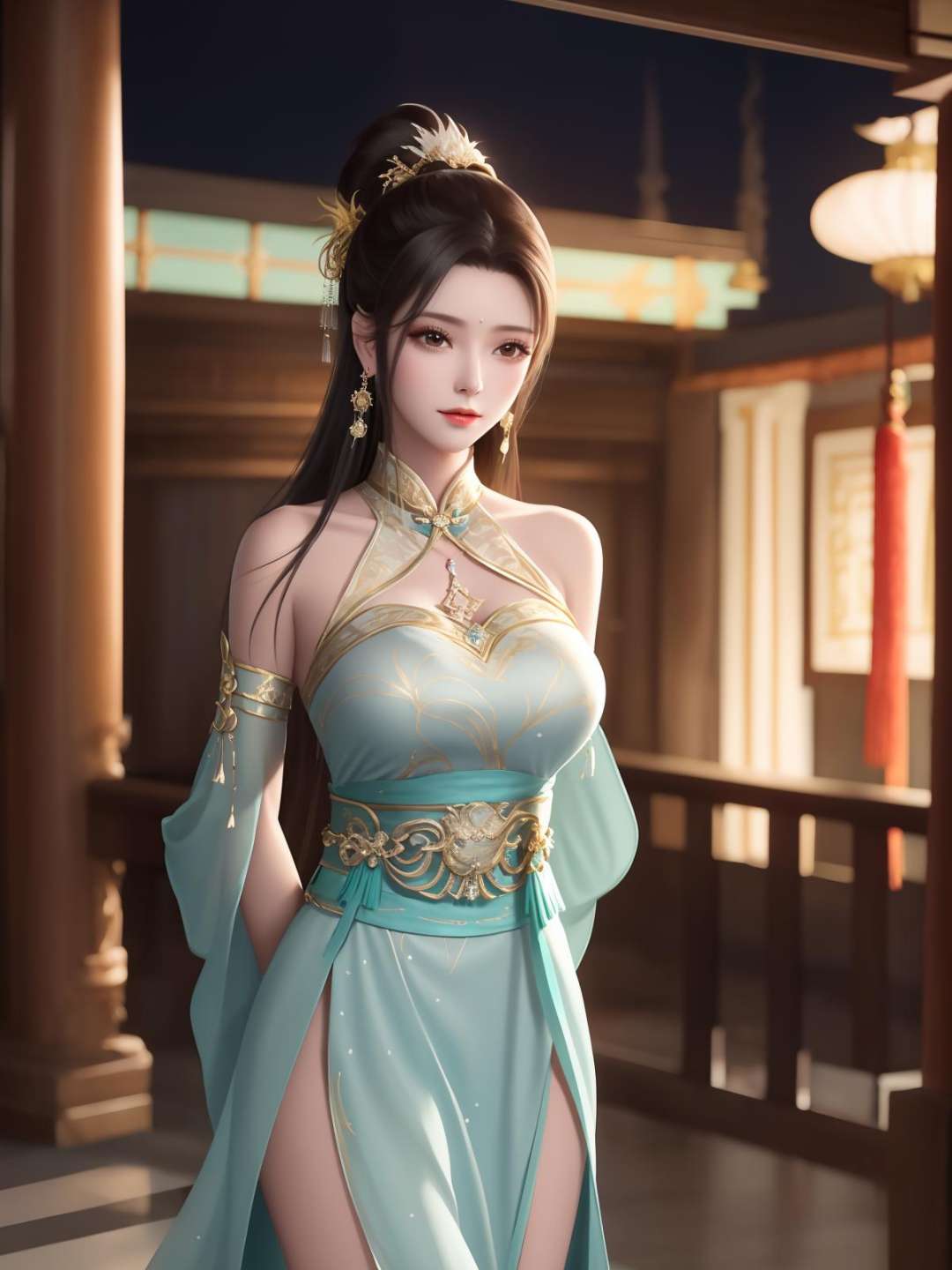 <lora:DPCQxiaoxuner_20230731153604:0.75>,1girl, mature female, cityscape, night,looking at viewer, long hair, dress,hair ornament, bare shoulders, jewelry, cowboy shot, earrings, sash, chinese clothes, long dress, obi, ponytail, arms behind back, 