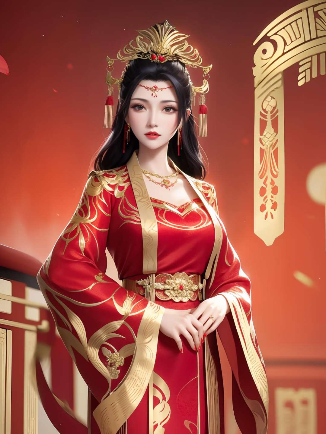 1girl,mature female,cityscape,night,looking at viewer,long hair,jewelry,hair ornament,earrings,red dress,chinese clothes,necklace,wide sleeves,sash,forehead jewel,cowboy shot,<lora:DPCQyunyunHF_20230801192746:0.8>,