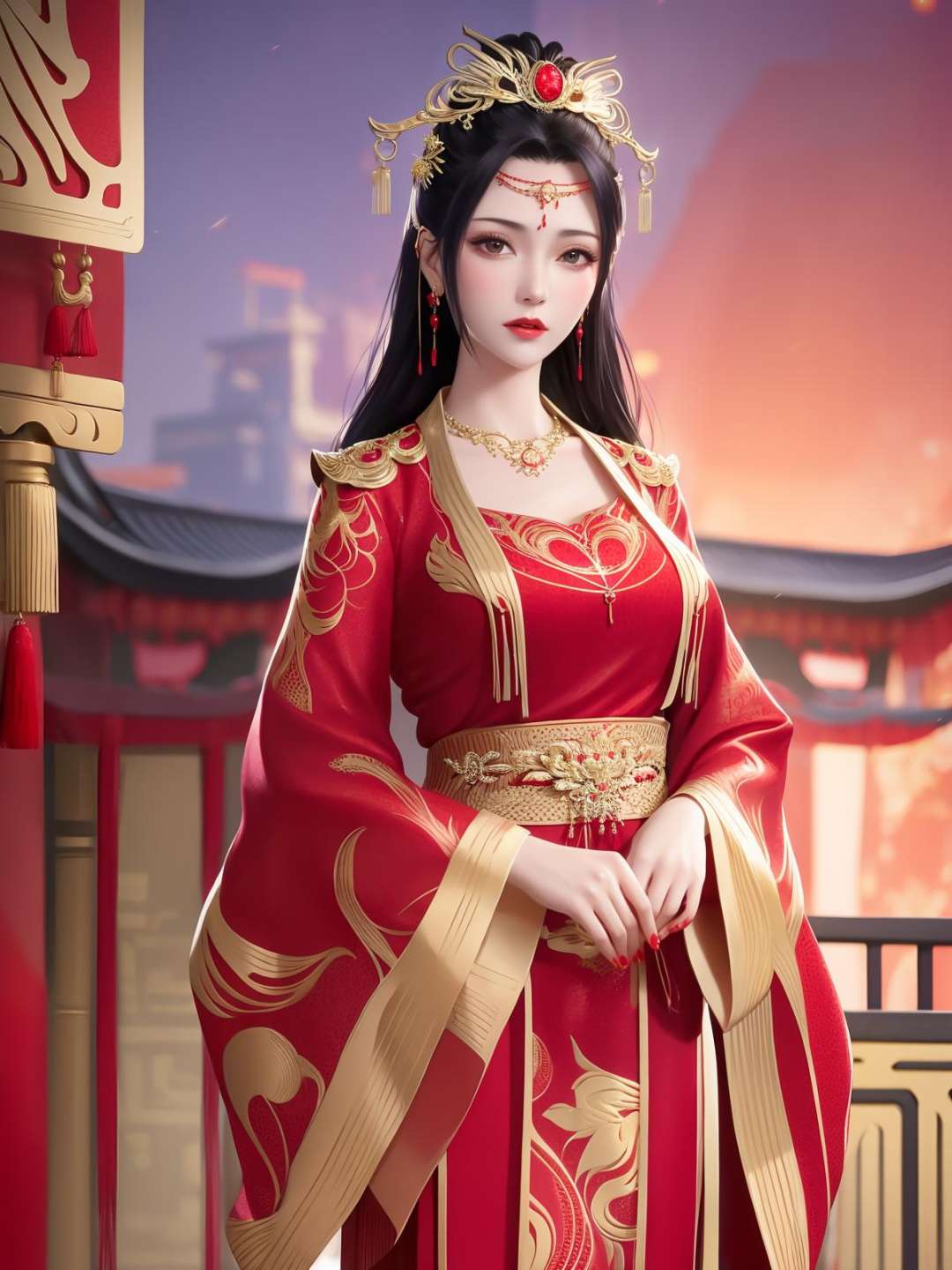 1girl,mature female,cityscape,night,looking at viewer,long hair,jewelry,hair ornament,earrings,red dress,chinese clothes,necklace,wide sleeves,sash,forehead jewel,cowboy shot,<lora:DPCQyunyunHF_20230801192746:0.8>,