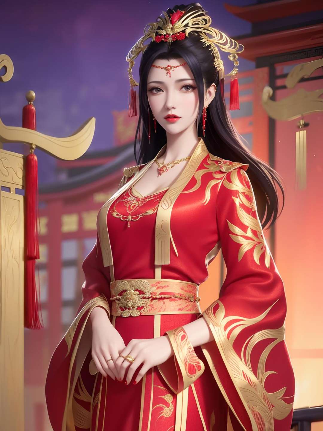 1girl,mature female,cityscape,night,looking at viewer,long hair,jewelry,hair ornament,earrings,red dress,chinese clothes,necklace,wide sleeves,sash,forehead jewel,cowboy shot,<lora:DPCQyunyunHF_20230801192746:0.8>,