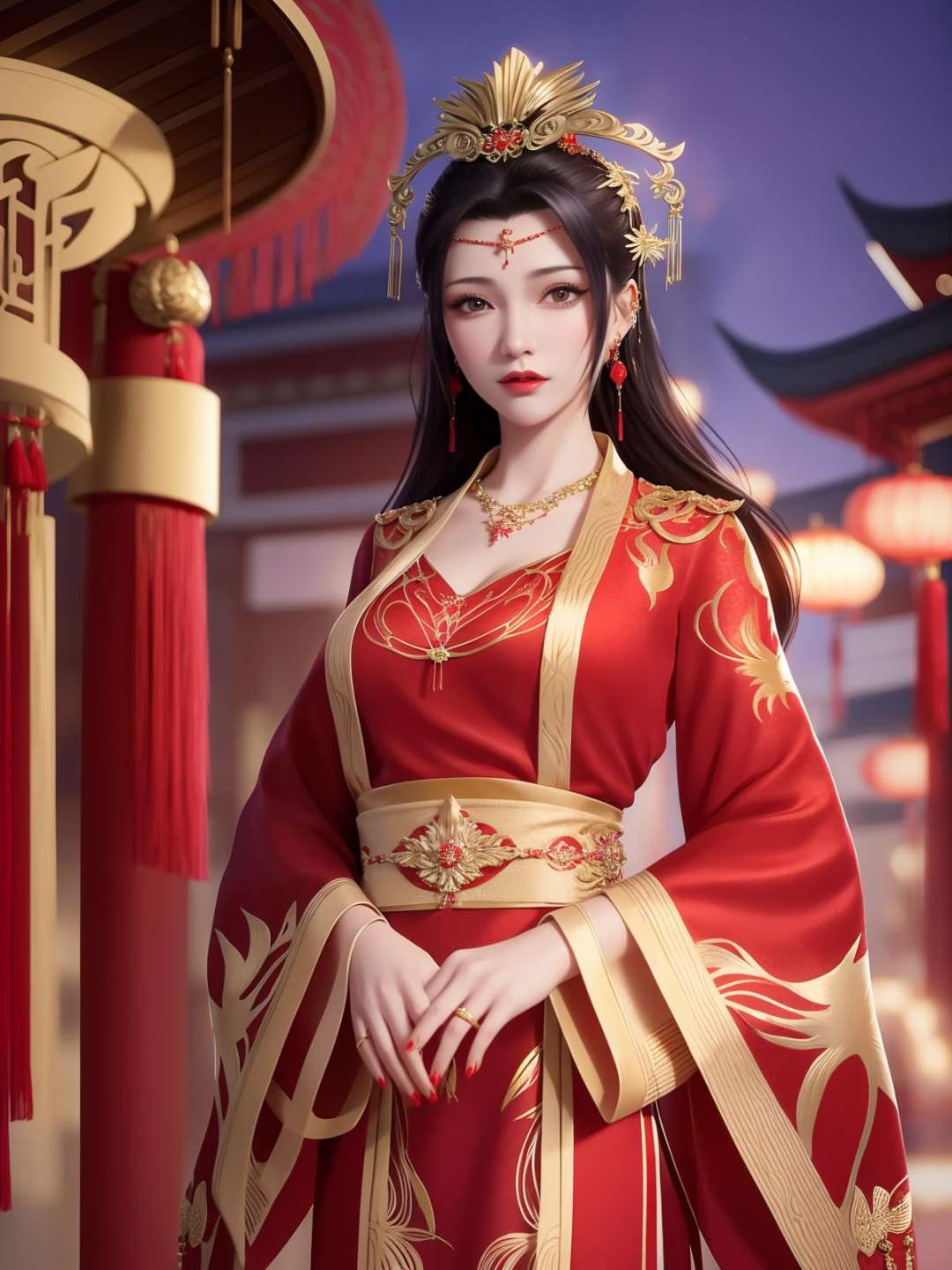 1girl,mature female,cityscape,night,looking at viewer,long hair,jewelry,hair ornament,earrings,red dress,chinese clothes,necklace,wide sleeves,sash,forehead jewel,cowboy shot,<lora:DPCQyunyunHF_20230801192746:0.8>,