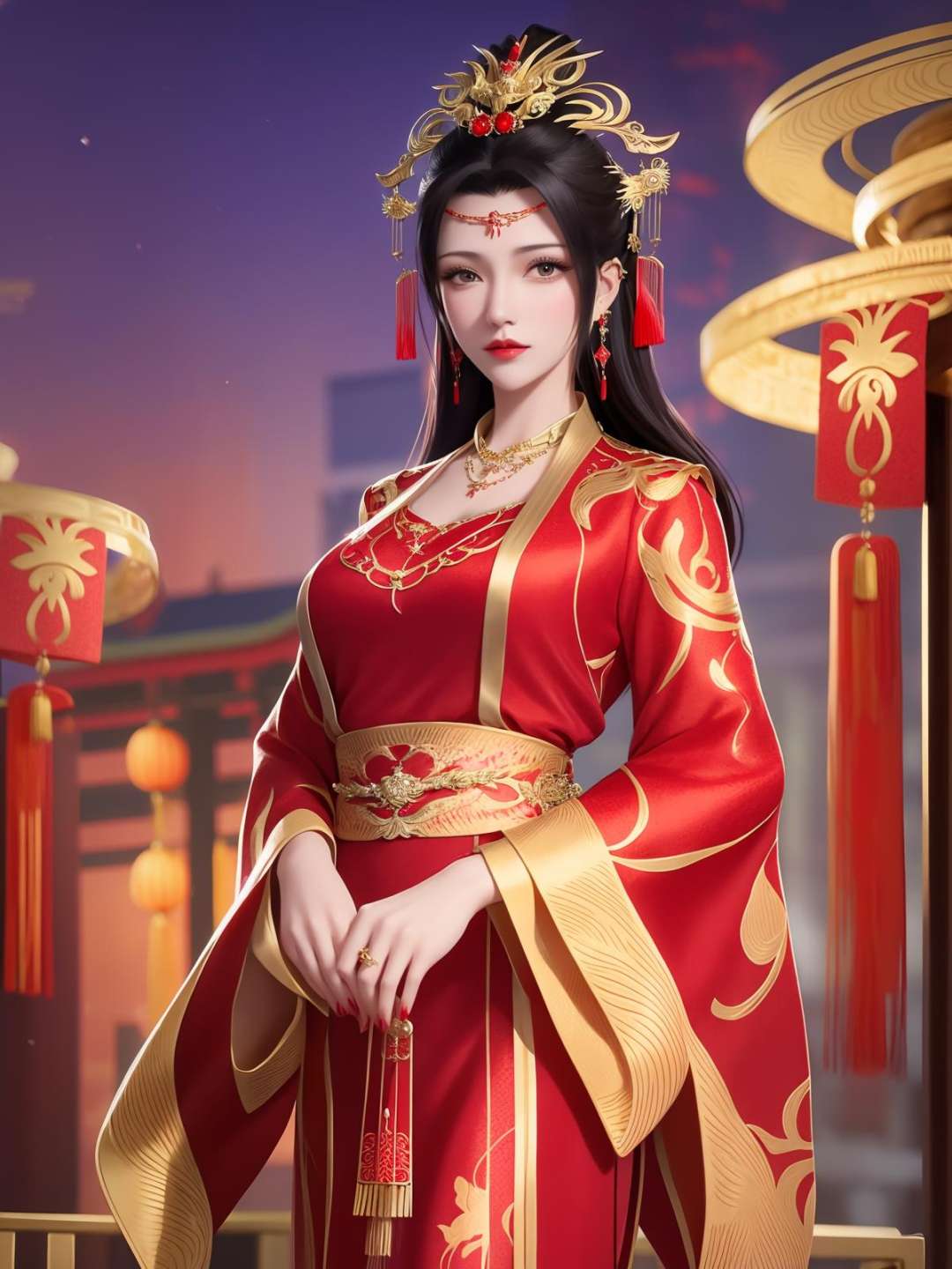 1girl,mature female,cityscape,night,looking at viewer,long hair,jewelry,hair ornament,earrings,red dress,chinese clothes,necklace,wide sleeves,sash,forehead jewel,cowboy shot,<lora:DPCQyunyunHF_20230801192746:0.8>,