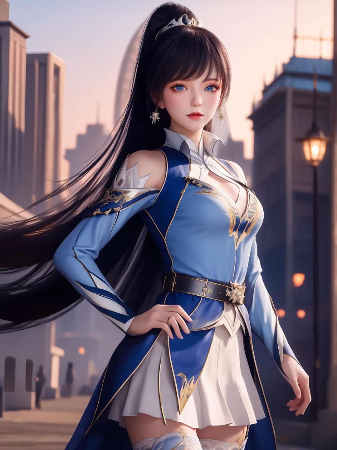 <lora:DLDLIItangyaCF_20230802181435:0.75>,1girl, long hair, dress,hair ornament, looking at viewer, mature female, cityscape, night, thighhighs, clothing cutout, bangs, high collar,white skirt,ponytail, cowboy shot, long sleeves, belt,blue eyes,makeup, blush,