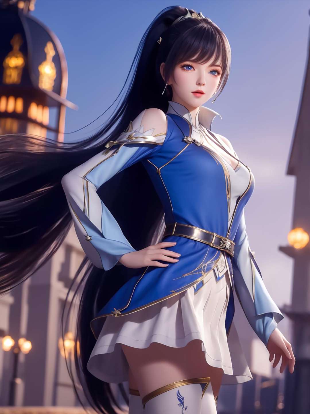 <lora:DLDLIItangyaCF_20230802181435:0.75>,1girl, long hair, dress,hair ornament, looking at viewer, mature female, cityscape, night, thighhighs, clothing cutout, bangs, high collar,white skirt,ponytail, cowboy shot, long sleeves, belt,blue eyes,