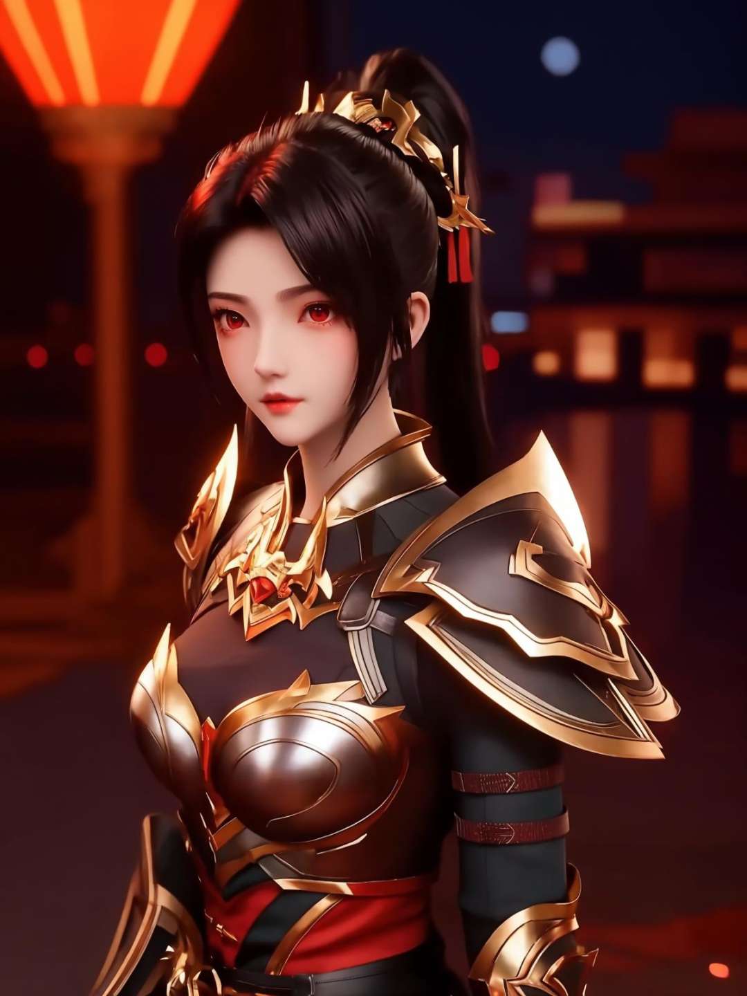 <lora:SYWZwangyuanyuan_20230804151027:0.75>,SYWZwangyuanyuan,1girl, armor,cityscape, night, looking at viewer, mature female, red eyes, ponytail, hair ornament, 