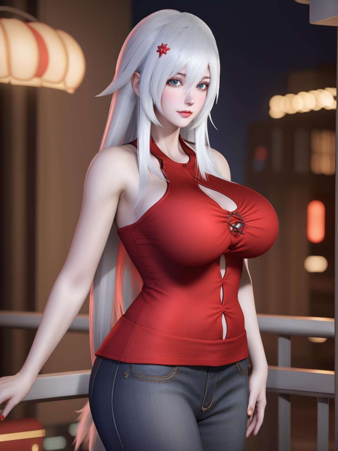 <lora:YJWJninghongyeXXJZZJ_20230805183253:0.75>,1girl, mature female, looking at viewer, cityscape, night,cowboy shot,  clothing cutout, sleeveless, red clothes,white hair,flipped hair, 