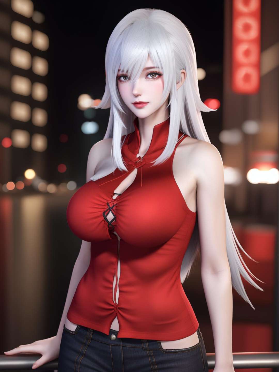 <lora:YJWJninghongyeXXJZZJ_20230805183253:0.75>,1girl, mature female, looking at viewer, cityscape, night,cowboy shot,  clothing cutout, sleeveless, red clothes,white hair,flipped hair, 