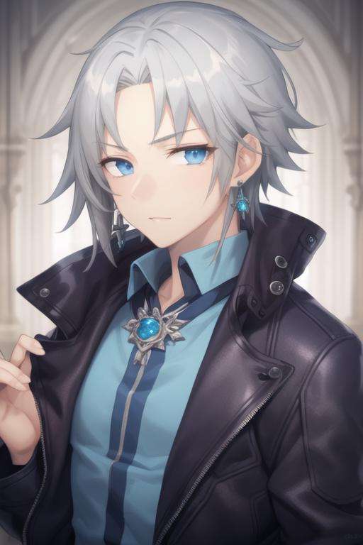 masterpiece, best quality, high quality, 1boy, solo, male focus, looking at viewer, upper body, , <lora:alan_stuart:0.72>, alan_stuart, jewelry, grey hair, blue eyes, jacket