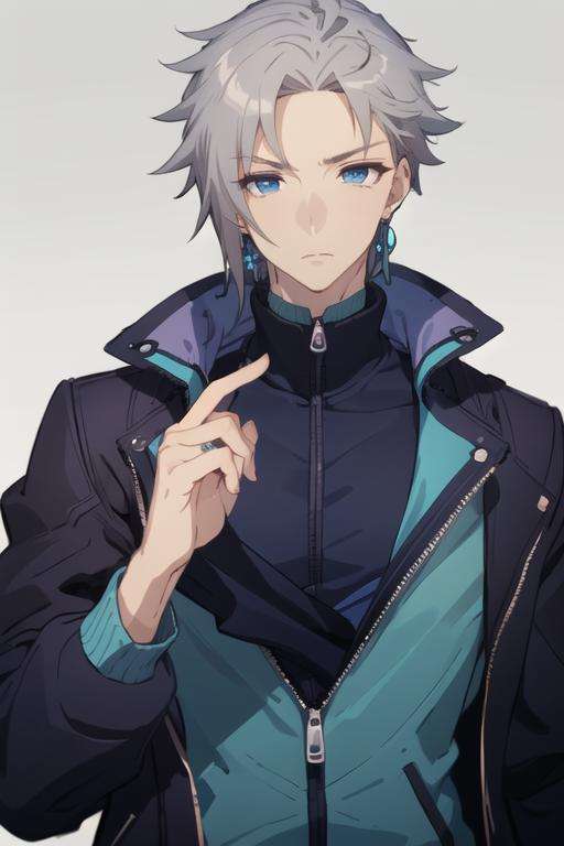 masterpiece, best quality, high quality, 1boy, solo, male focus, looking at viewer, upper body, , <lora:alan_stuart:0.76>, alan_stuart, jewelry, grey hair, blue eyes, track suit