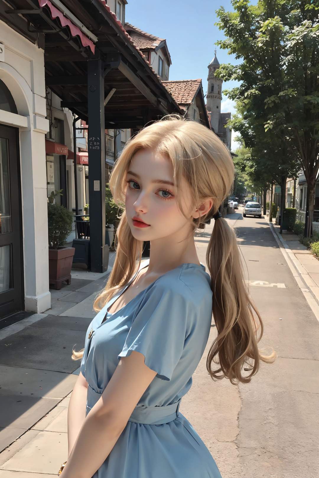 <lora:CyberBeauty_V30-000010:0.7>, 1girl, blonde hair, blue eyes, realistic,photorealistic, cowboy shot, close-up, low twintails,  blue dress, looking at viewer,standing, upper body, outdoors, european town, european style houses, (castle), noon, streets, sunshine,