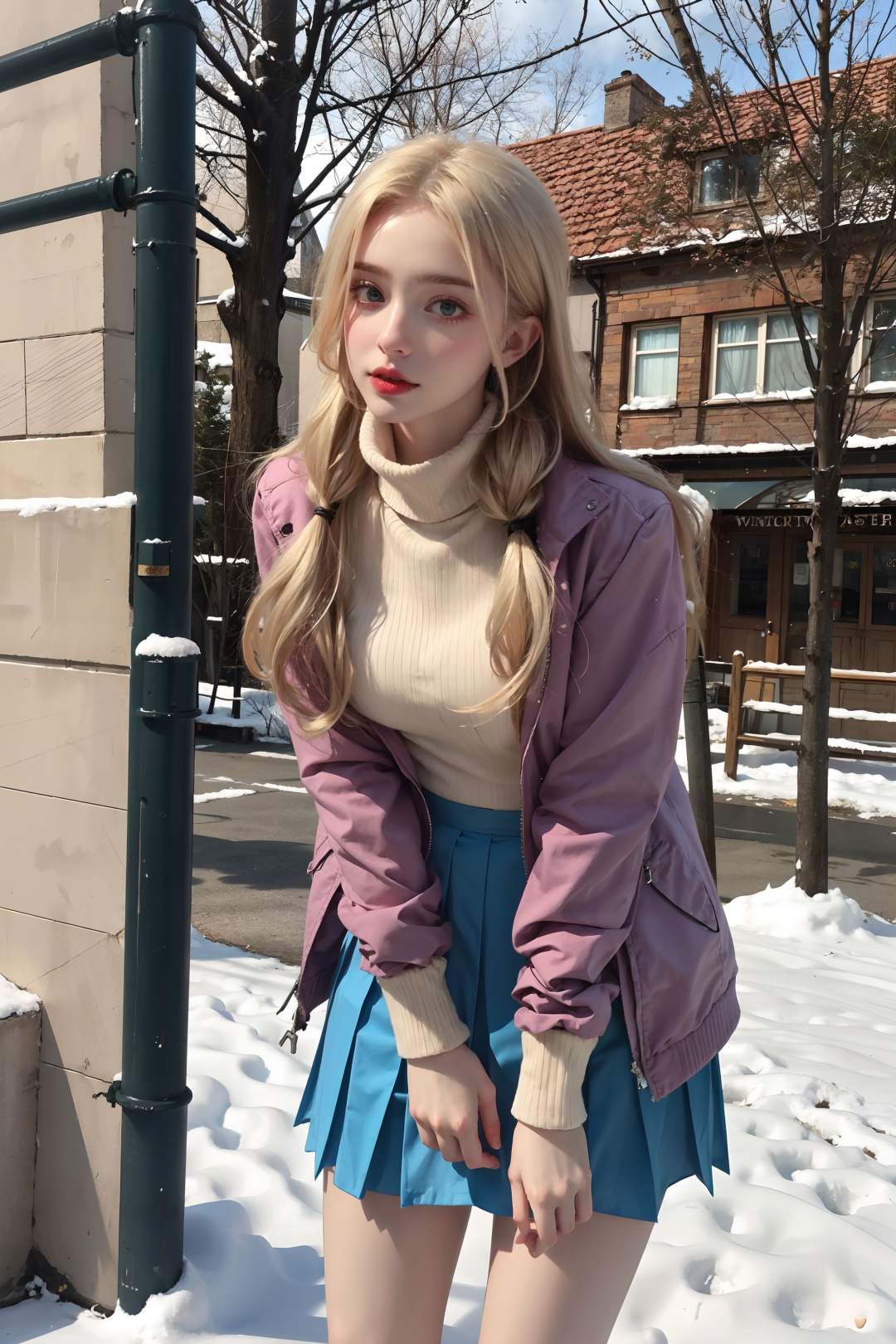 <lora:CyberBeauty_V30-000010:0.5>,  1girl, blonde hair, blue eyes, realistic,photorealistic, cowboy shot, close-up, low twintails, high collar sweater, puffy down jacket, short pleated skirt, bare legs, high heels, looking at viewer,standing, upper body, outdoors,snow, snow shelter, winter, european town, european style houses, (castle), noon, streets, sunshine,