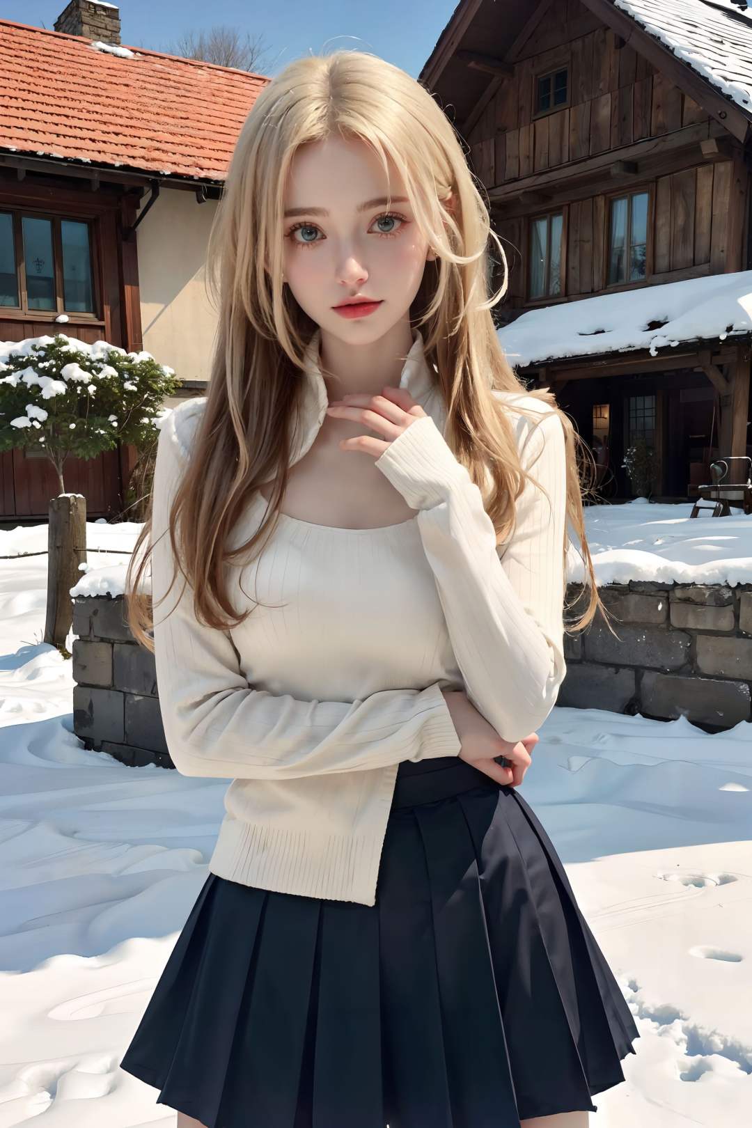 <lora:CyberBeauty_V30-000010:0.75>,  1girl, blonde hair, blue eyes, realistic,photorealistic, cowboy shot, close-up, low twintails, high collar sweater, puffy downblouse, short pleated skirt, bare legs, looking at viewer,standing, upper body, outdoors,snow, snow shelter, winter, european town, european style houses, (castle), noon, streets, sunshine,