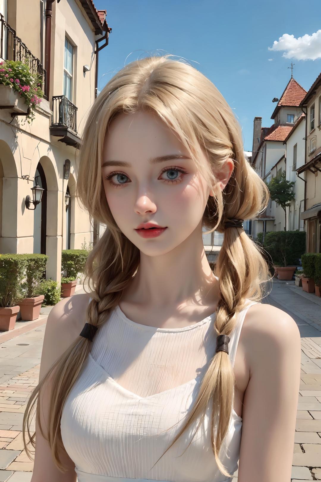 <lora:CyberBeauty_V30-000010:0.5>,  1girl, blonde hair, blue eyes, realistic,photorealistic, cowboy shot, close-up, low twintails, white dress, looking at viewer,standing, upper body, outdoors, european town, european style houses, (castle), noon, streets, sunshine,