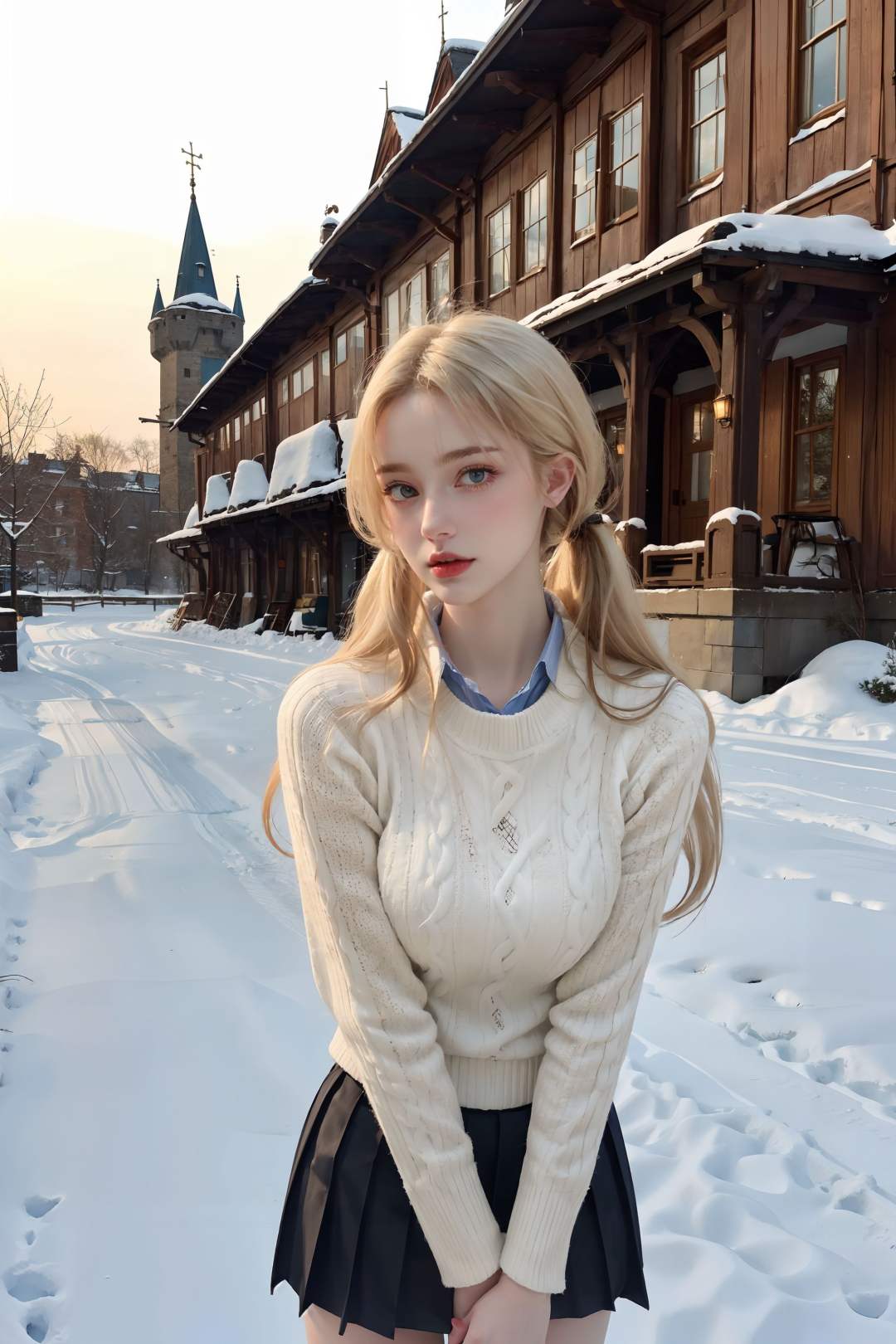 <lora:CyberBeauty_V30-000010:0.6>,  1girl, blonde hair, blue eyes, realistic,photorealistic, cowboy shot, close-up, low twintails, high collar sweater, short pleated skirt, bare legs, looking at viewer,standing, upper body, outdoors,snow, snow shelter, winter, european town, european style houses, (castle), noon, streets, sunshine,