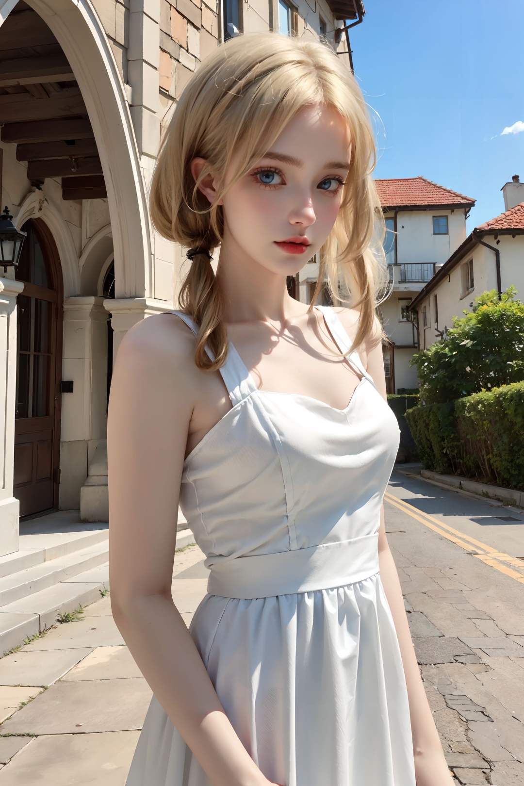 <lora:CyberBeauty_V30-000010:0.5>,  1girl, blonde hair, blue eyes, realistic,photorealistic, cowboy shot, close-up, low twintails, white dress, looking at viewer,standing, upper body, outdoors, european town, european style houses, (castle), noon, streets, sunshine,