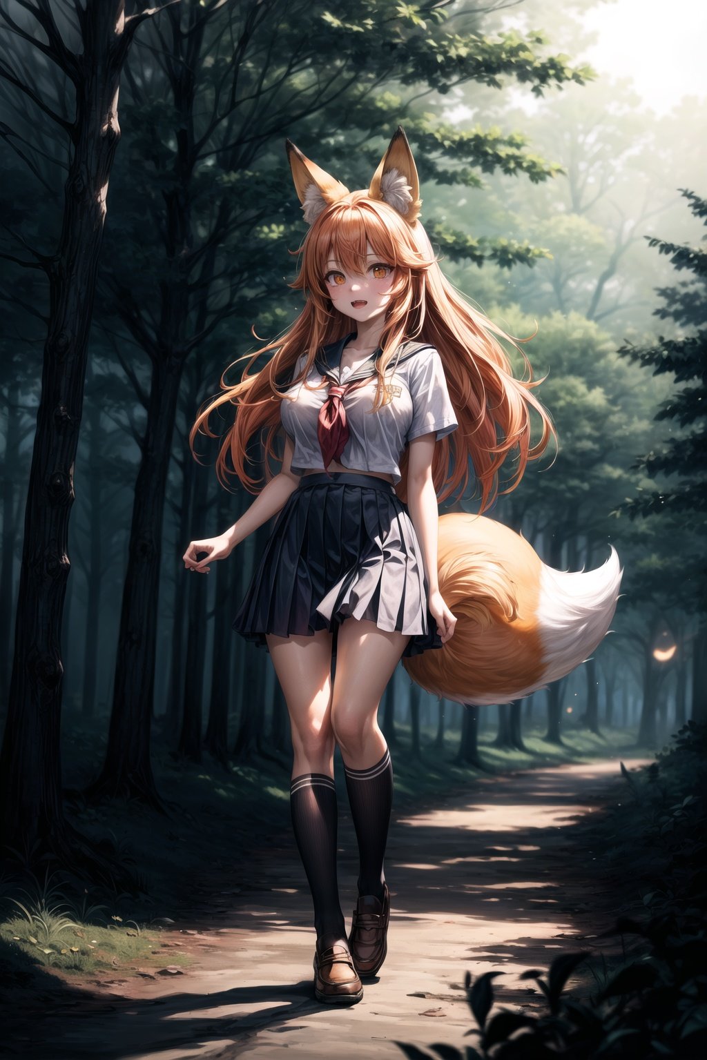 alien,orange hair,orange tail,a (candid:1.3) photo, (fox girl:1.3), orange theme, nature, forest,busy,(highschool uniform:1.6), blue white uniform, cute, perfection, big breasts,details,masterpiece,(orange fluffy tail),full body, in the woods lost, long hair,eerie,creepy,scary,insane,wow,end of the world, doomsday, insanity, crazy, black hole, universe,matrix,glitching,rainbow,end of the world,<lora:Astrobeauties:0>, <lora:more_details:1>