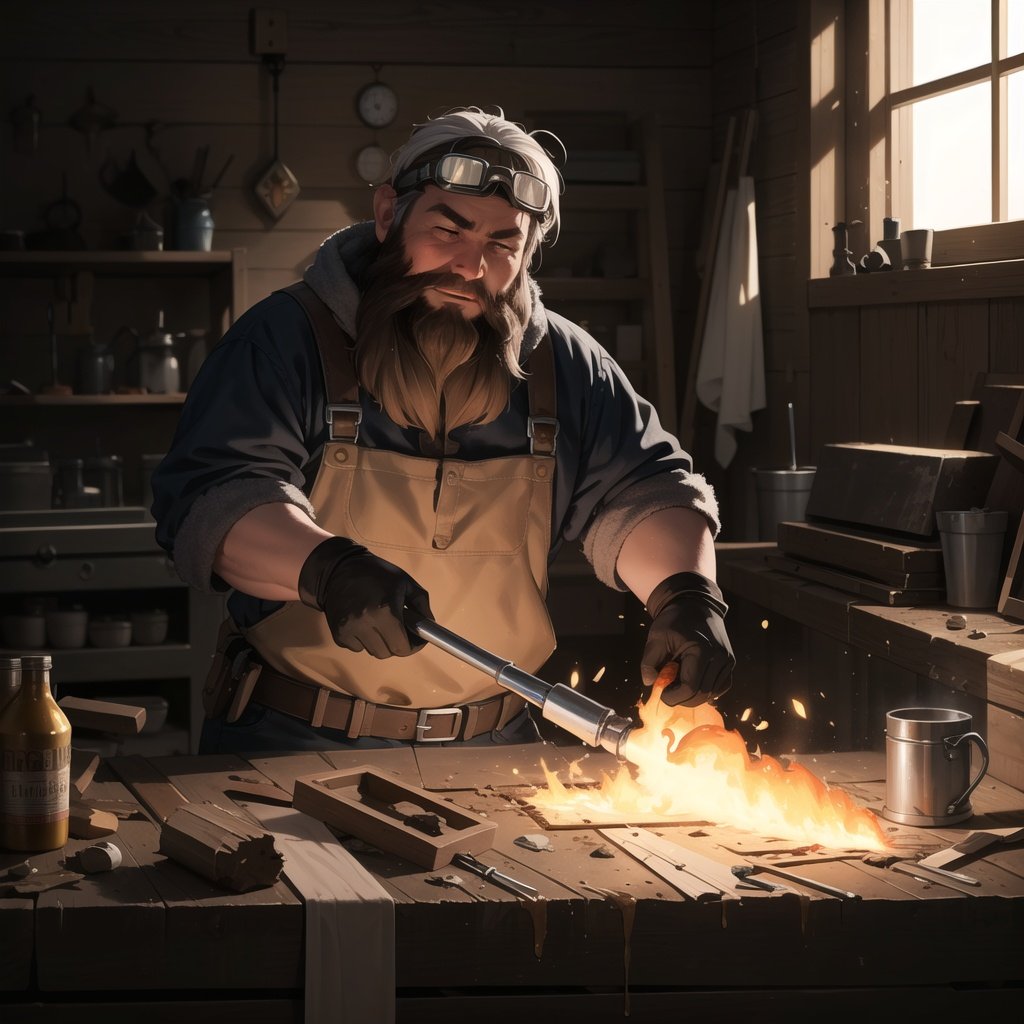 An avant-garde photo of a blacksmith, hitting metal, he molds and shapes raw metal. In his forge, scraps become tangible objects. The photo captures the moment he hammers out a glowing piece of 'joy', sparks of 'laughter' flying. Framed against the backdrop of his emotion-filled workshop, the lighting is the fiery glow of intense sentiments. The shot is taken straight-on, capturing the craftsmanship of emotion, in the style of a conceptual artist photographer,(details:1.3),(masterpiece:1.3), (bearded dwarf), forge goggles, reflection, forge hammer