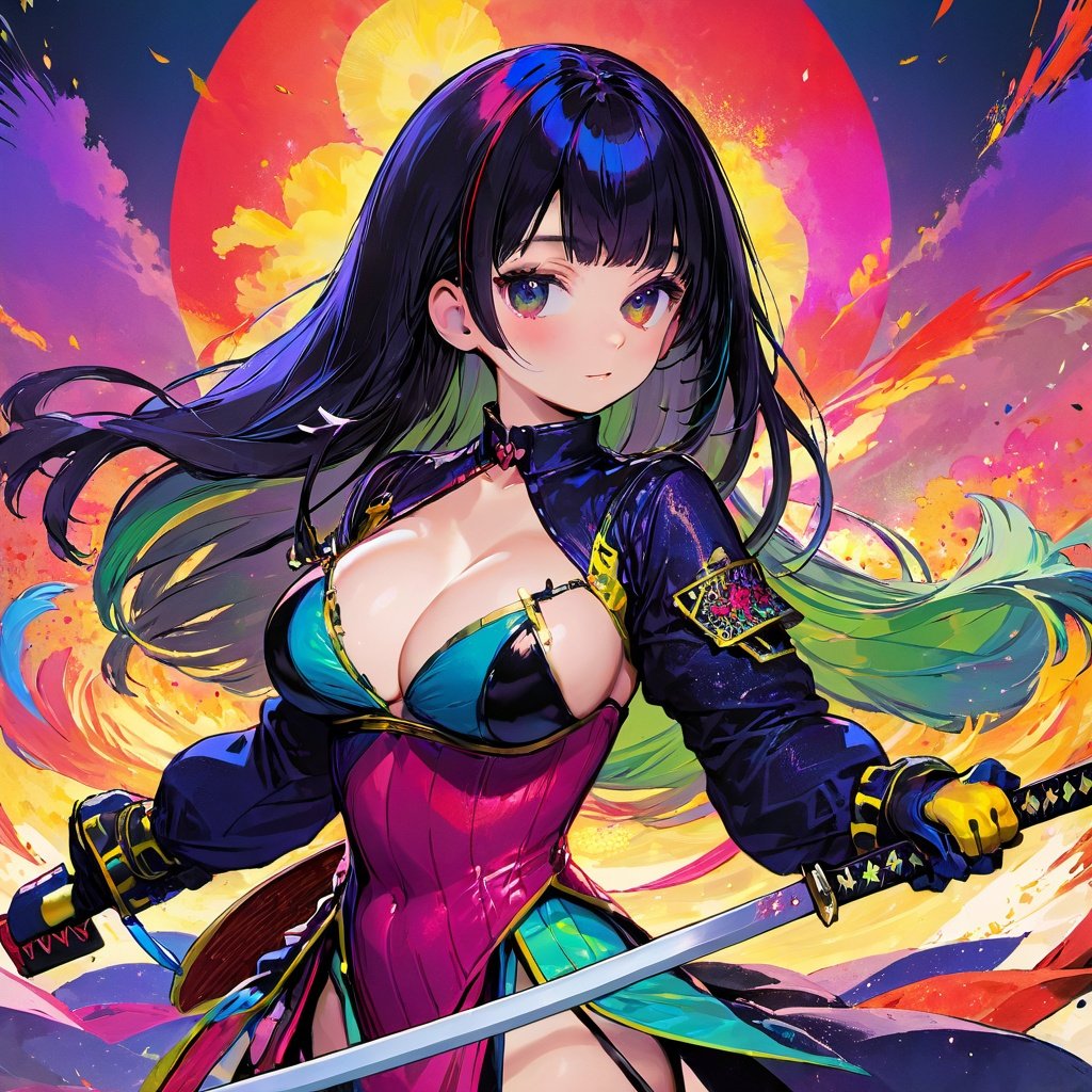 colorful, best quality, masterpiece, highres, original, extremely detailed wallpaper,1girl, bangs, black_hair, breasts, closed_mouth, gloves, hair_ornament, holding, katana, long_hair, long_sleeves, looking_at_viewer, multicolored_hair,  sheath, solo, unsheathing, upper_body, 