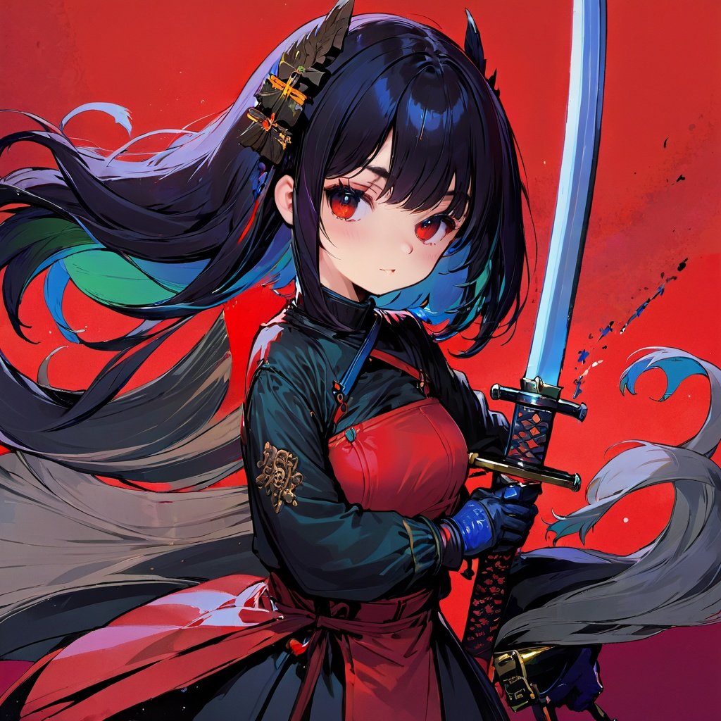 colorful, best quality, masterpiece, highres, original, extremely detailed wallpaper,1girl, bangs, black_hair, breasts, closed_mouth, gloves, hair_ornament, holding, holding_sword, holding_weapon, katana, long_hair, long_sleeves, looking_at_viewer, multicolored_hair, red_background, sheath, solo, sword, unsheathing, upper_body, weapon