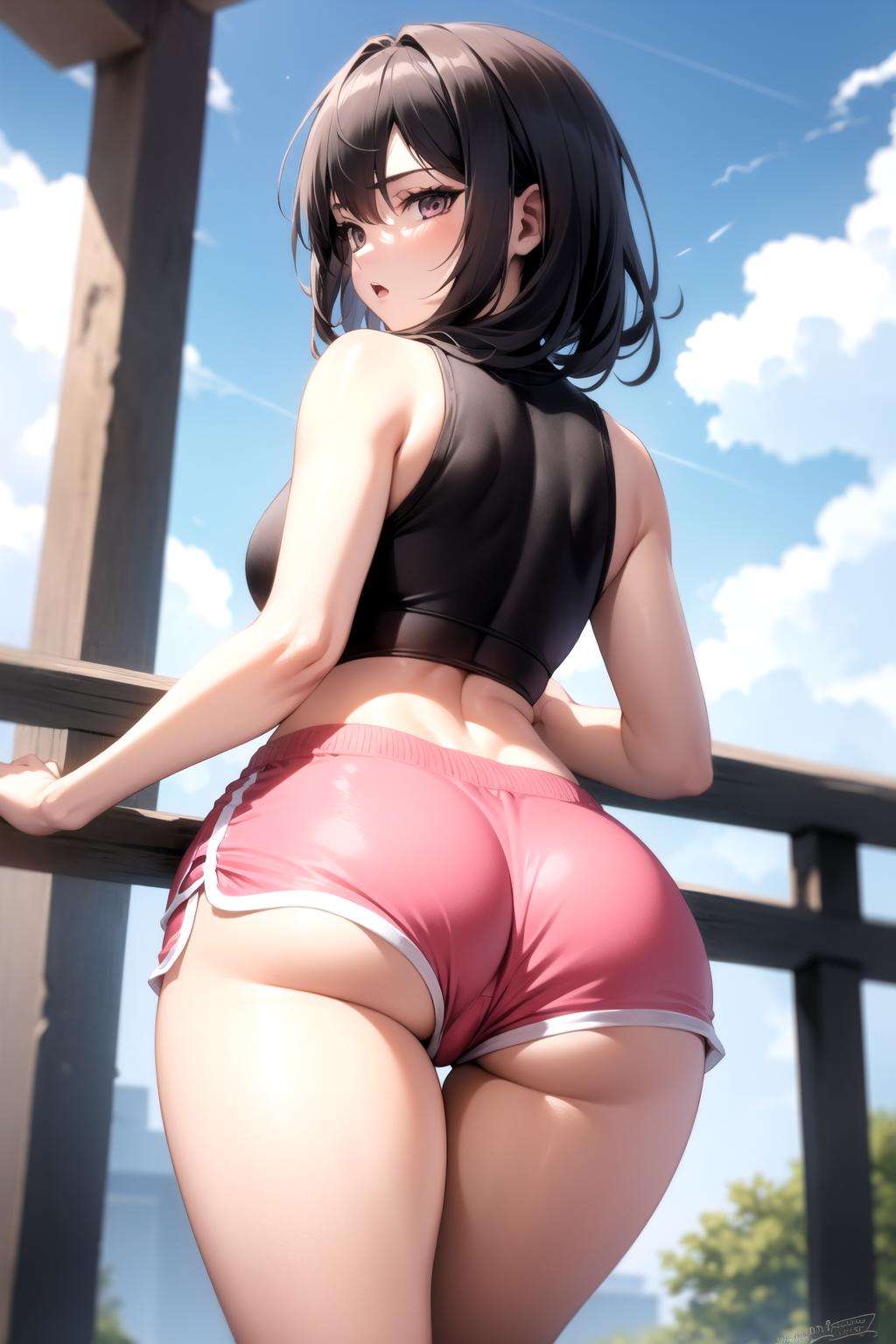 <lora:dolphin_shorts_v0.1:1>1girl, dolphin shorts, pink shorts, looking back, ass, pantyshot,, masterpiece, best quality, highly detailed