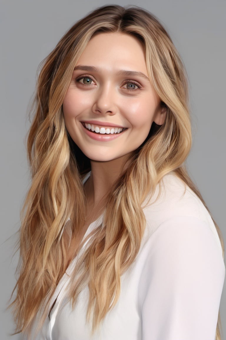 <lora:elizabeth_olsen_xl-off:1>elizabeth olsen, 1girl, solo, realistic, blonde hair, grey background, simple background, long hair, looking at viewer, lips, upper body, white shirt, smile ,happy