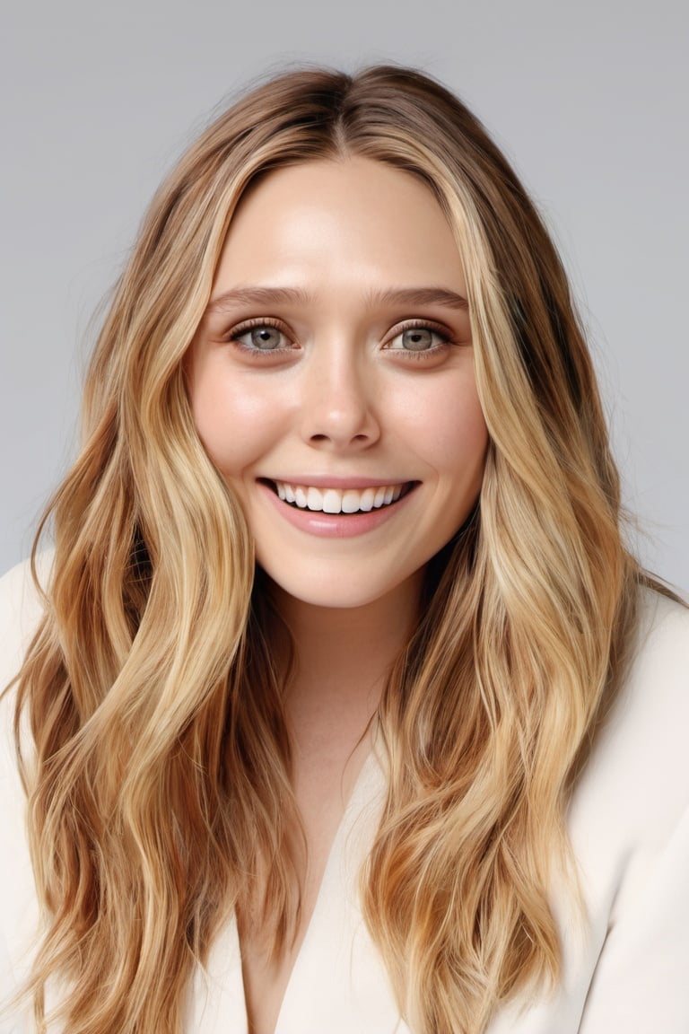 <lora:elizabeth_olsen_xl-off:1>elizabeth olsen, 1girl, solo, blonde hair, realistic, portrait, long hair, teeth, freckles, lips, simple background, smile, parted lips