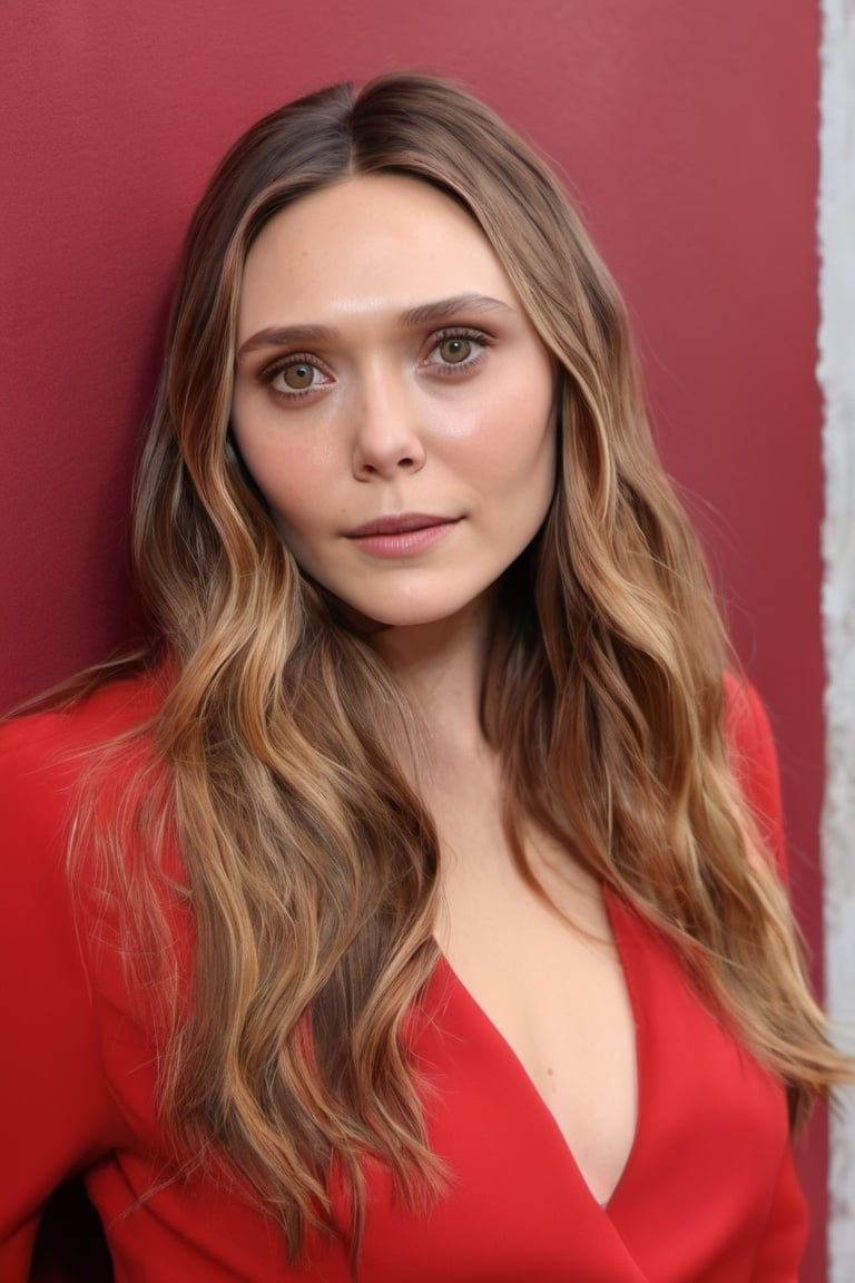 <lora:elizabeth_olsen_xl-off:1>elizabeth olsen, 1girl, solo, brown hair, long hair, brown eyes, upper body, looking at viewer, freckles, lips, see-through, parted lips , red outfit, against wall, outdoor